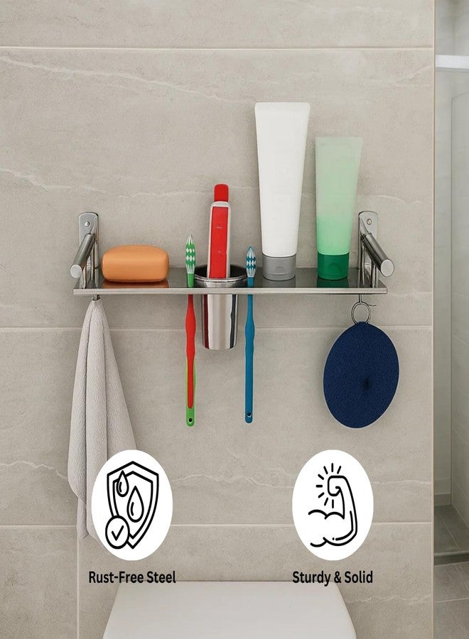 Well Set Stainless Steel 3-in-1 Bathroom Wall Shelf | Multipurpose Soap Holder with Toothbrush & Tumbler Stand | Compact Wall Mounted Organizer Rack for Bathroom (Silver) - Image 5